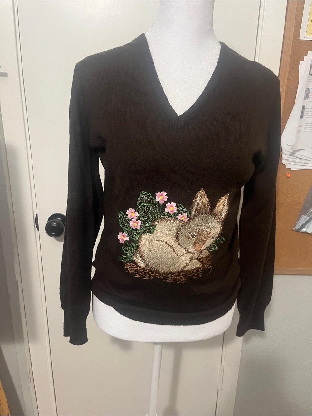 Brown V-Neck Sweater with Embroidered Bunny Detail